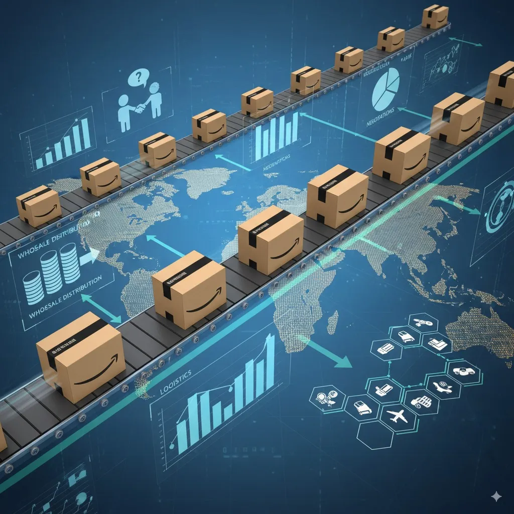 Cartons moving along parallel conveyor belts beside a glass globe and growth-chart icons