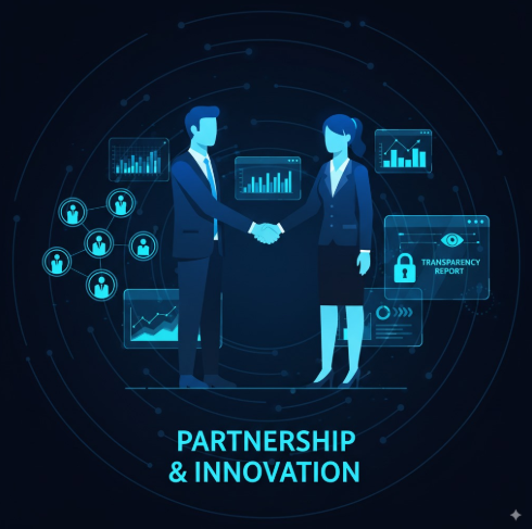 Neon-style handshake illustration representing partnership and innovation, with transparency reporting graphics